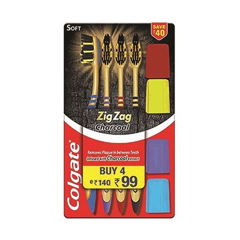 מברשת שיניים Colgate Zigzag Charcoal Medium Bristle Toothbrush 4 Pcs למכירה 
