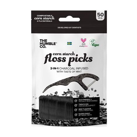 חוט דנטלי The Humble Corn Starch Floss Picks 2 in 1 Charcoal Infused Taste Of Mint למכירה , 2 image