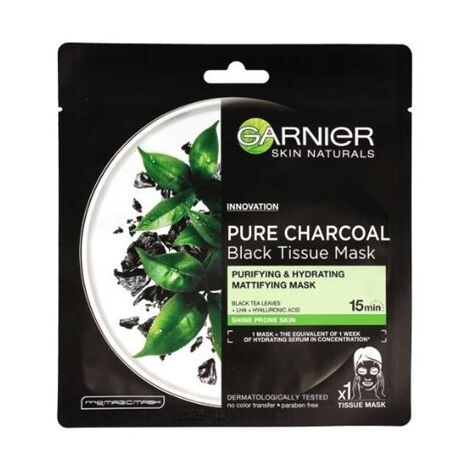 Pure Charcoal Black Tissue Mask Purifying & Hydrating Pore Tightening Garnier למכירה 